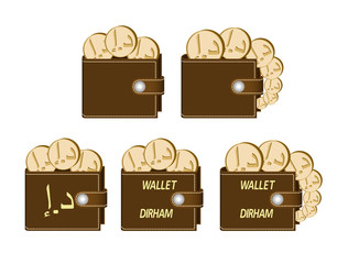 set of brown  wallets with dirham coins
