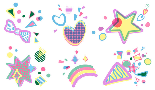 Vector Set of birthday party decorative design elements. Simple flat cartoon icons design. Stars, hearts, boom.