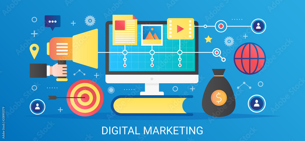 Poster Modern vector flat gradient Digital marketing concept template banner with icons and text.