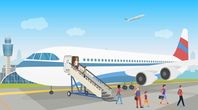 People landing from an airplane in airport. Disembarkation. Vector illustration.