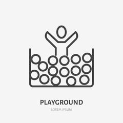 Flat line icon of happy kid jumping in ball pool. Playground sign. Thin linear logo for amusement park, corporate party entertainment.