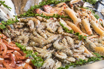 Background of fish, shrimp clams in the markets of Milan in Italy.