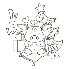 Cute cartoon pig in love. Symbol of New 2019 Year