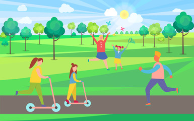 Mother and Daughter Riding Scooters in Park Trees