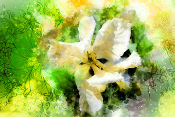 White tulips and ornaments and softly blurred watercolor background.