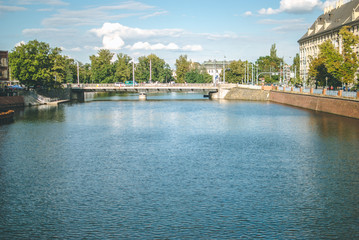 Bridge over Odra river in Wroclaw, Poland. Sunny summer afternoon