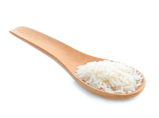 rice in wood spoon isolated on white background