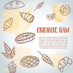 Vintage background with sketch bakery, pastries, sweets, desserts, cake, muffin and bun. Hand drawn design for menu, banner, card, bakery shop Vector