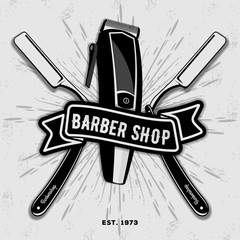 Barber shop vintage label, badge, or emblem with hair clipper and razors on gray background. Haircuts and shaves. Vector illustration - obrazy, fototapety, plakaty