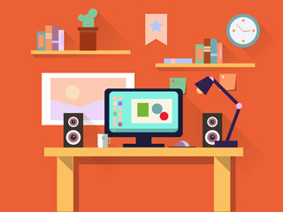 Flat design interior concept of work place with computer, laptop, lamp, to do list, working programs, organizer, books, and cup of coffee on orange wall background Vector illustration.