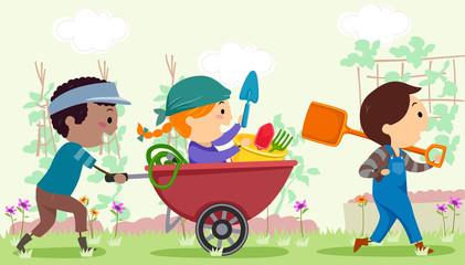Stickman Kids Walk Garden Tools Illustration