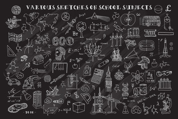 Various sketches on school subjects. Hand sketches on the theme of Maths and geometry.  Chalkboard. Vector illustration. Doodle set.