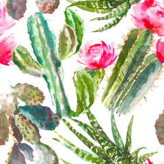 Seamless pattern with cactus, succulents and floral elements on white background. Vintage watercolor botanical illustration for textile, print, invitation, party. Tropical concept.