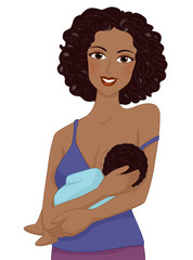 Girl Black Mom Breastfeeding Illustration