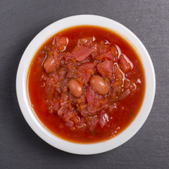 Vegetable soup - red borsch, close up. Healthy beetroot soup, vegetarian food. Ukrainian and russian national food - red beet soup, borscht