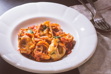Homemade Tortellini with Tomato Sauce and Mozzarella Cheese on White Rustic Plate