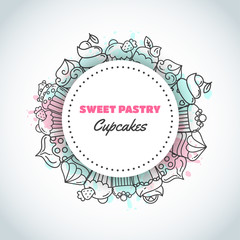 Cupcake background with handdrawn cupcakes and pink splashes. Sweet pastry slogan. Bakery Desserts collection Vector