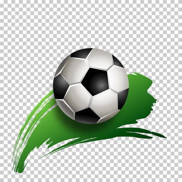 Football ball with green hand painted brush stroke on transparent background. Soccer ball icon. Vector illustration. Element for design poster, banner, card, flyer 