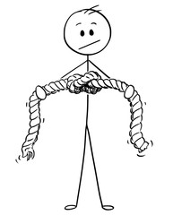 Cartoon stick drawing conceptual illustration of man or businessman holding rope with knot. Business concept of problem and solution.