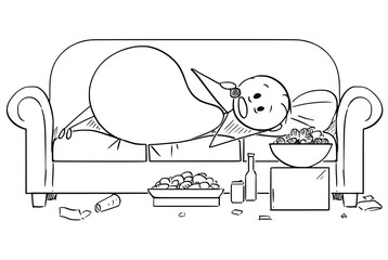 Cartoon stick drawing illustration of fat or overweight man lying on couch and eating unhealthy food. Concept of unhealthy lifestyle.