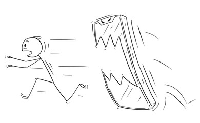 Cartoon stick drawing conceptual illustration of man or businessman chased by his own mobile phone. Concept of unhealthy communication addiction.