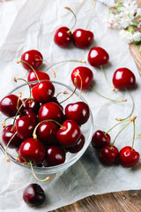 Fresh, beautiful cherries on the table.