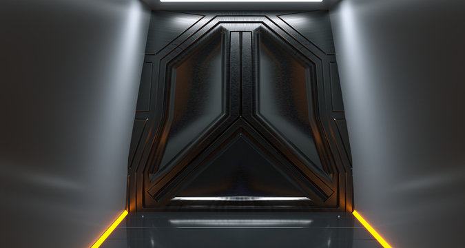 Futuristic Sci-Fi Metal Spaceship Gate In Dark Tunnel With Abstract Neon Lights 3D Rendering