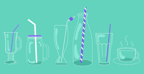 Vector illustration set of glasses and bottles for drinks. Jars, cups and glasses with drinking straws. Used for juice bar printables for menu design in flat style.straw vector drink.green background