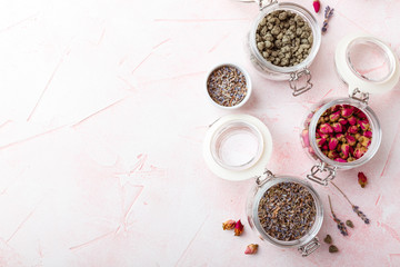 Rose flower petals and buds for aromatherapy.