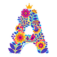 Decorative Letter A from flowers isolated on white background. Colorful character of alphabet letter font. Decoration plants and floral element for birthday, greeting, logo or book design