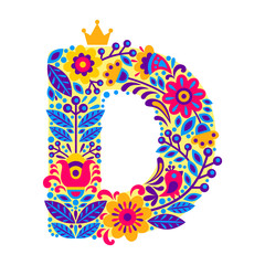 Decorative Letter D from flowers isolated on white background. Colorful character of alphabet letter font. Decoration plants and floral element for birthday, greeting, logo or book design