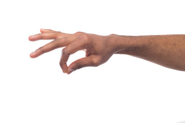 Male hand picking up something, cutout