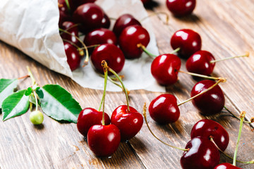 Fresh, beautiful cherries on the table.