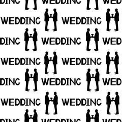 Seamless pattern with black silhouettes of the grooms and words wedding. Same-sex marriage.