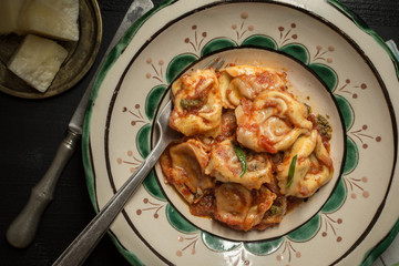 Italian Tortellini, Tomato Sauce, Mozzarella Cheese and Basil on Green Rustic Plate