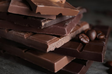 Pieces of tasty chocolate, closeup