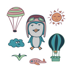 Hand-drawn penguin the pilot with plane and balloons.