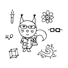 Clever squirrel the chemist with a test tube and wearing spectacles.