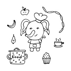 Talented elephant the cook with a serving spoon and products.