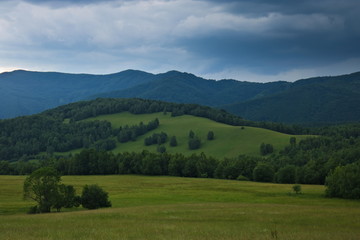 An incoming storm over the Carpathian hills in the Poloniny national park in Slovakia