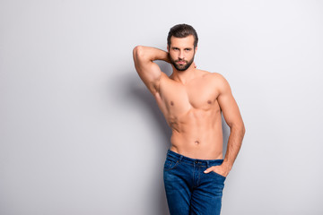 Portrait of sensual handsome attractive concentrated flirty coquettish seductive alluring tempting...
