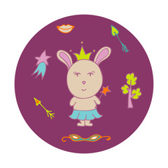 Hand-drawn rabbit the fairy in a crown and with a magic wand.