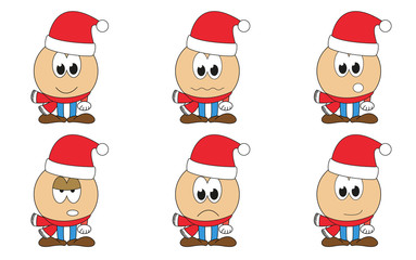 Set of 6 isolated cartoon Santa Claus emoticons - faces with red hat and scarf, christmas emotions - happy, sad, annoyed, surprised, angry, contented