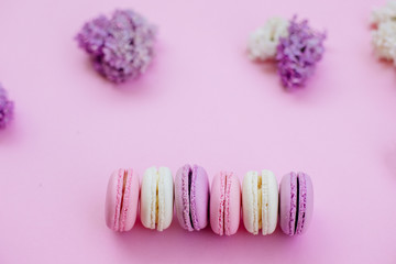 Colored macaroons and lilacs.