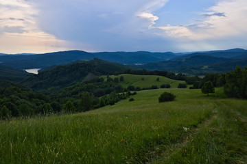 Mountain view over the Carpathian hills in the Poloniny national park in Slovakia with a view on the Starina reservoir