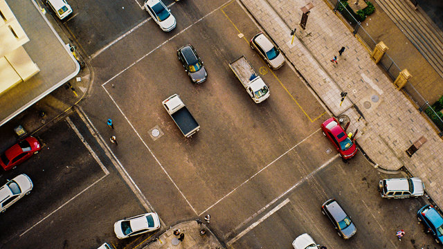 Aerial view of a city street with cards and people, Pretoria, Gauteng, South Africa