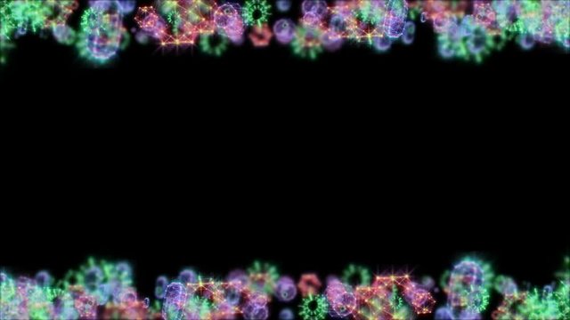 Objects at the bottom and top of the screen. Gems on a black glossy table, Collection of many different gems from amethyst, lapis lazuli, rose quartz, citrine, ruby, amazonite, moonstone, labradorite