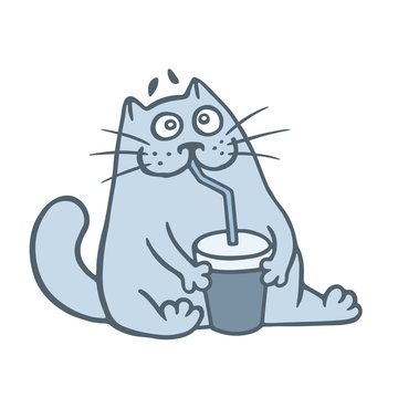 Fat cat drinks a drink and happy. Vector illustration.