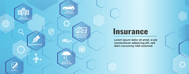 Fototapeta na wymiar Insurance Web Header Banner - Covers homeowners, medical, life, and vehicle insurance