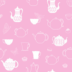 Vector pink vintage teapots and cups seamless pattern background. Perfect for fabric, scrap booking, wallpaper, invitations, gift wrap